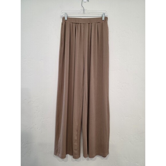 Cider Pants - Cider Women's Wide Leg Ribbed Palazzo High Rise Pants Size L Nude Coffee Beige